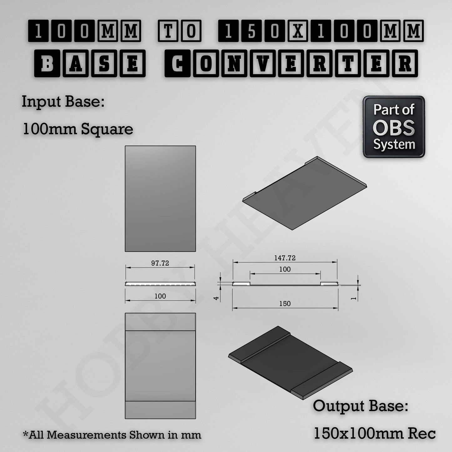 Square to Rectangle Bases Size Converters 3d Print Full Range