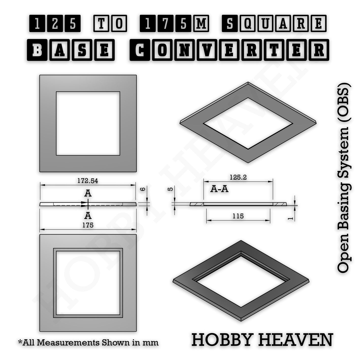 Square to Square Bases Size Converters 3d Print Full Range