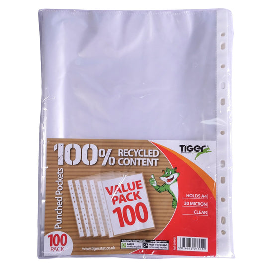 Clear View 100% Recycled A4 Punched Pockets Pack of 100, 30 Micron Thick