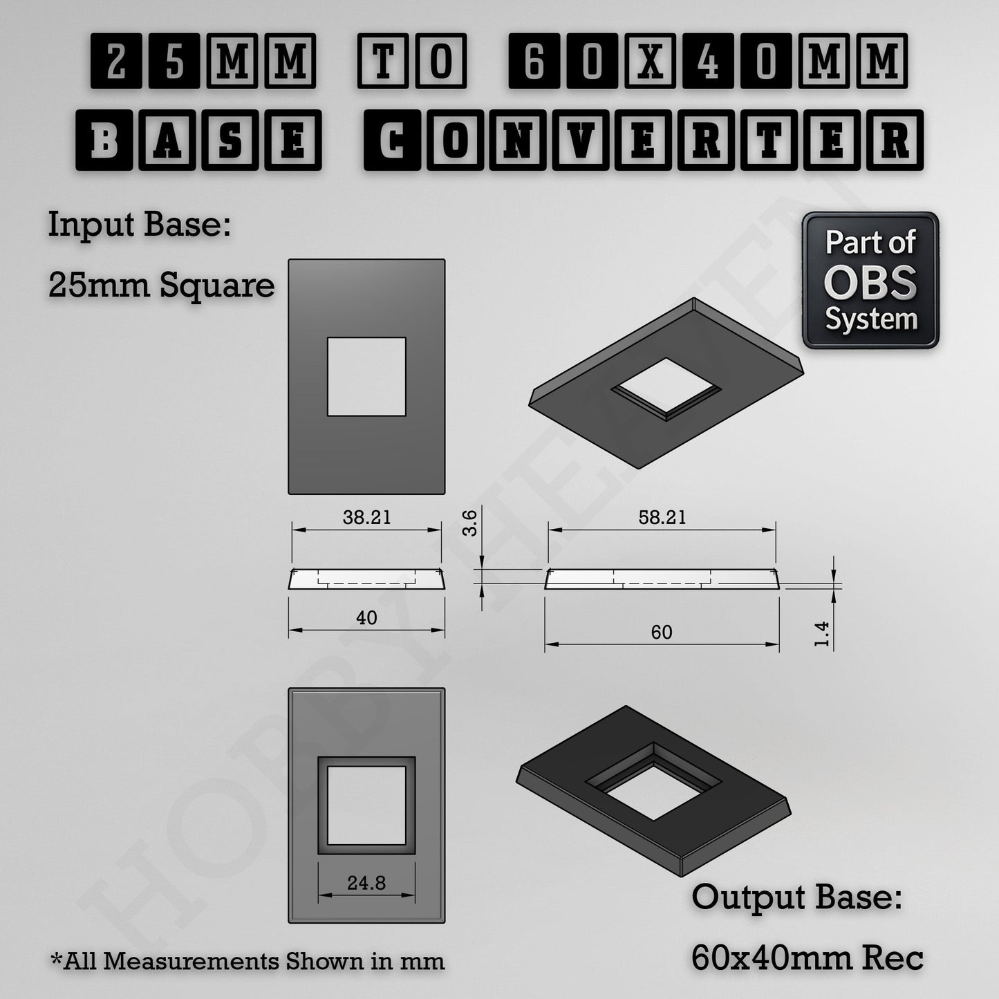 Square to Rectangle Bases Size Converters 3d Print Full Range