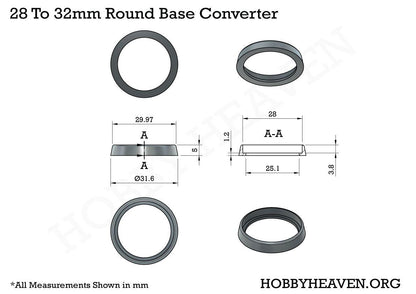 25mm to 28mm Round Base Converters ABS Plastic