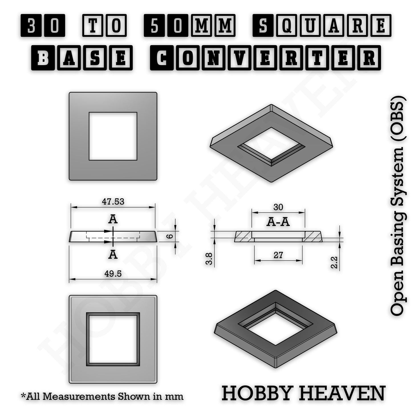 Square to Square Bases Size Converters 3d Print Full Range