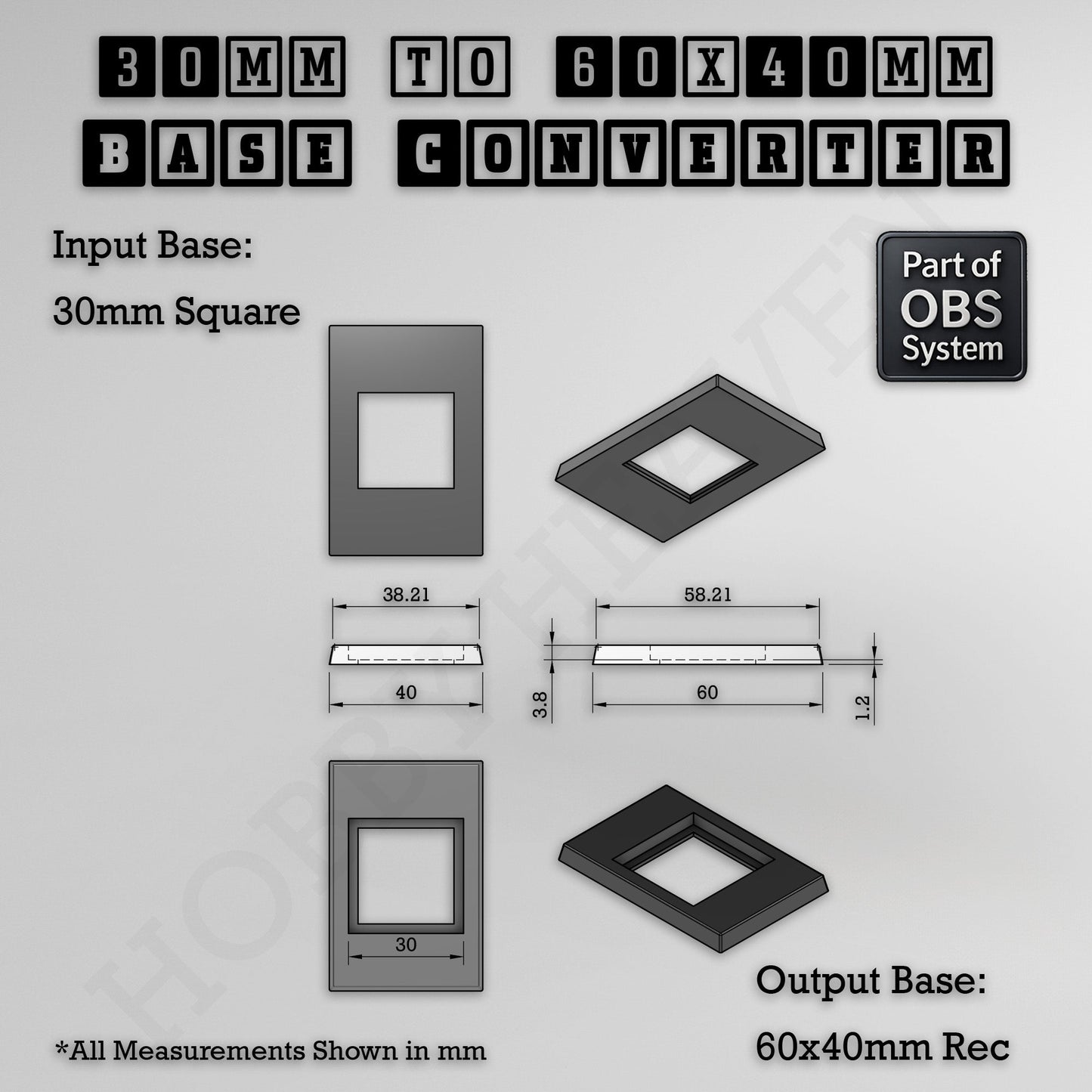 Square to Rectangle Bases Size Converters 3d Print Full Range