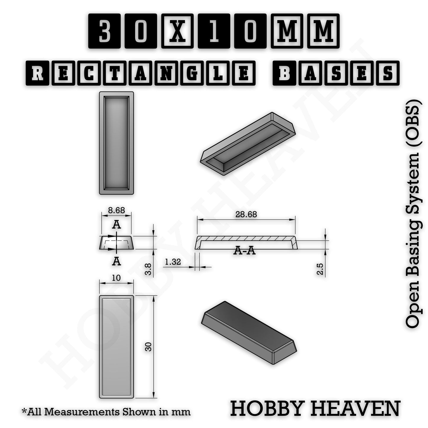 Rectangle Bases Range Sizes - 75x30mm to 125x40mm Medium Sizes 3d Print Full Range Tabletop Games