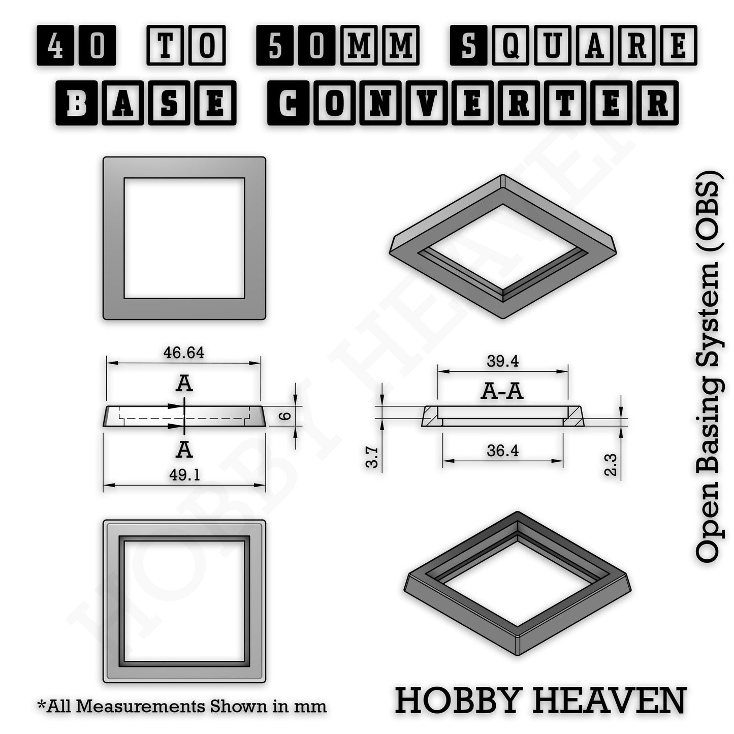 Square to Square Bases Size Converters 3d Print Full Range