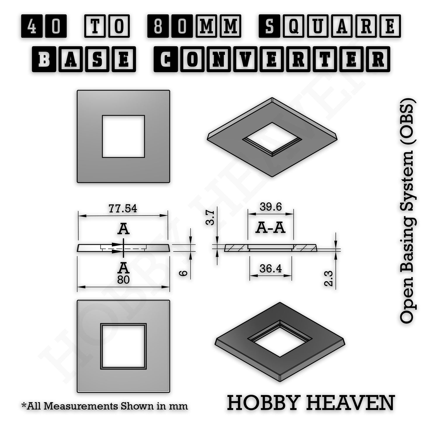 Square to Square Bases Size Converters 3d Print Full Range