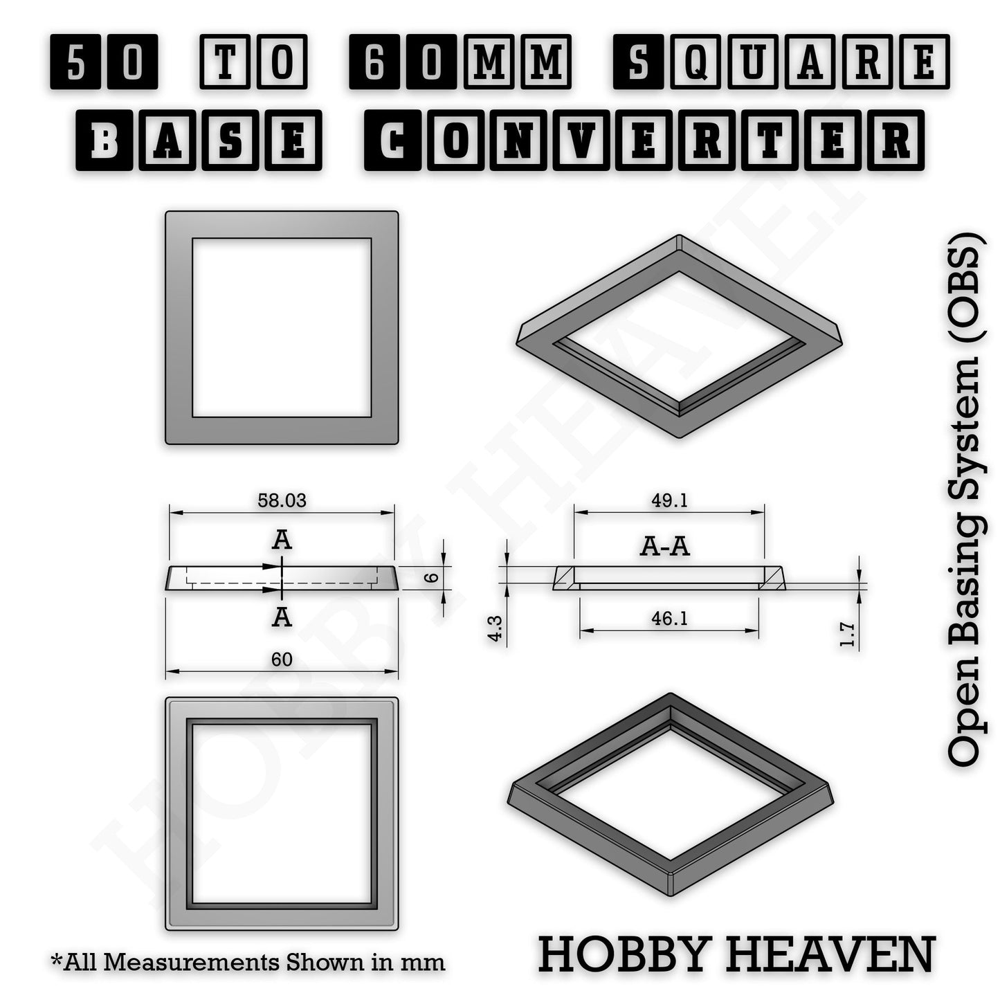 Square to Square Bases Size Converters 3d Print Full Range