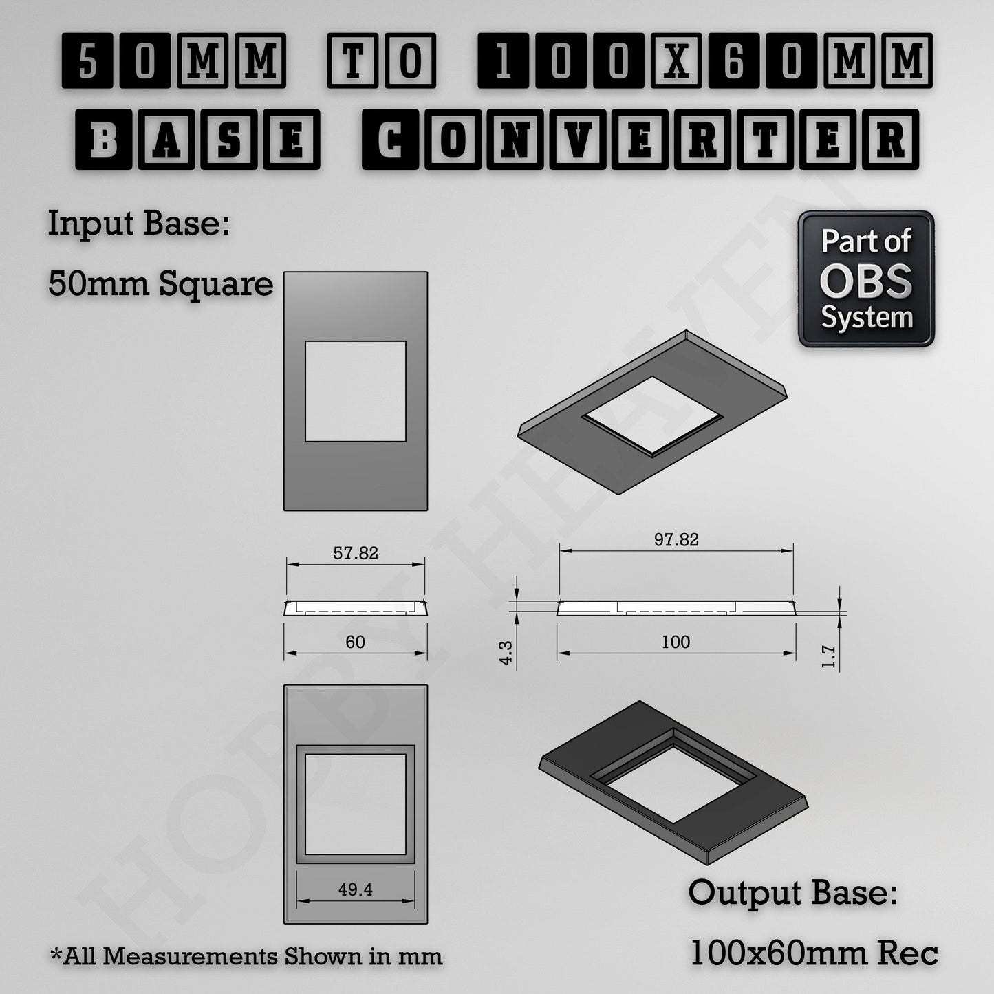 Square to Rectangle Bases Size Converters 3d Print Full Range