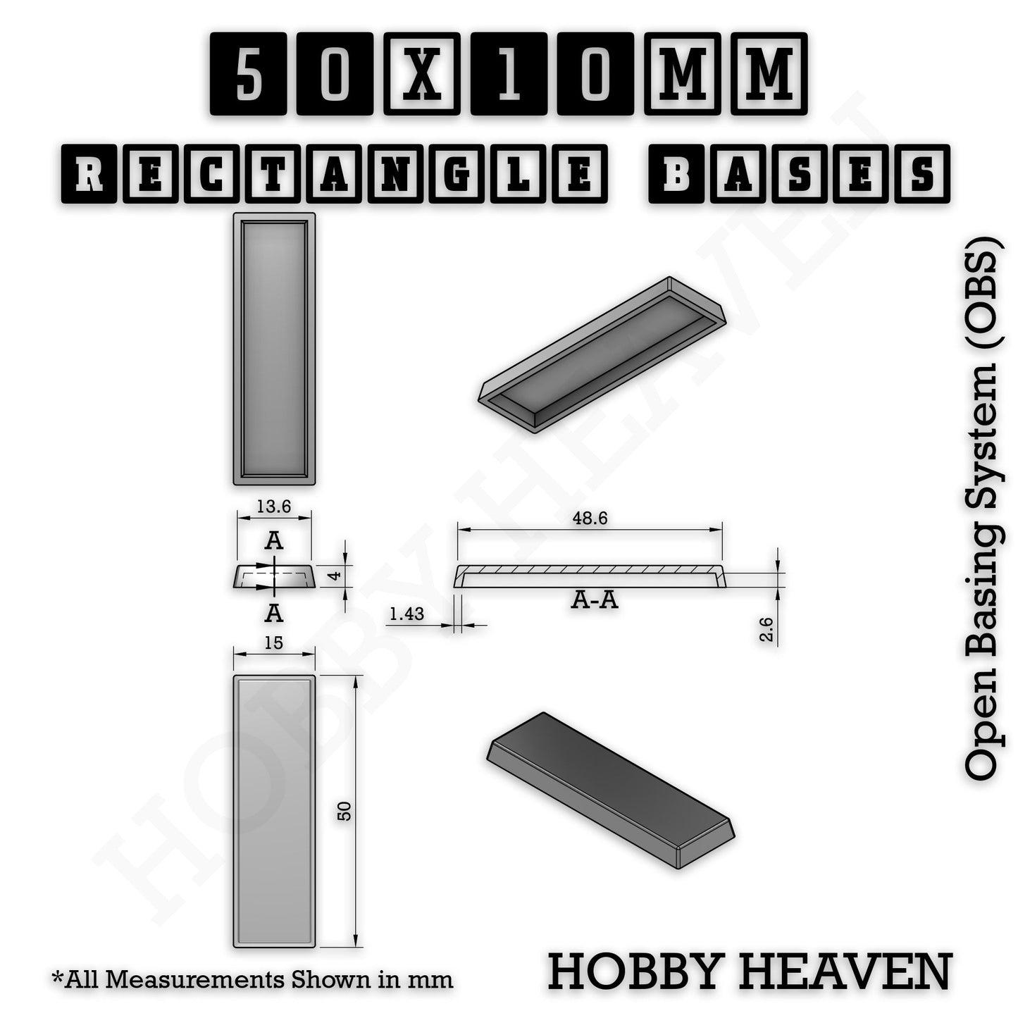 Rectangle Bases Range Sizes - 75x30mm to 125x40mm Medium Sizes 3d Print Full Range Tabletop Games