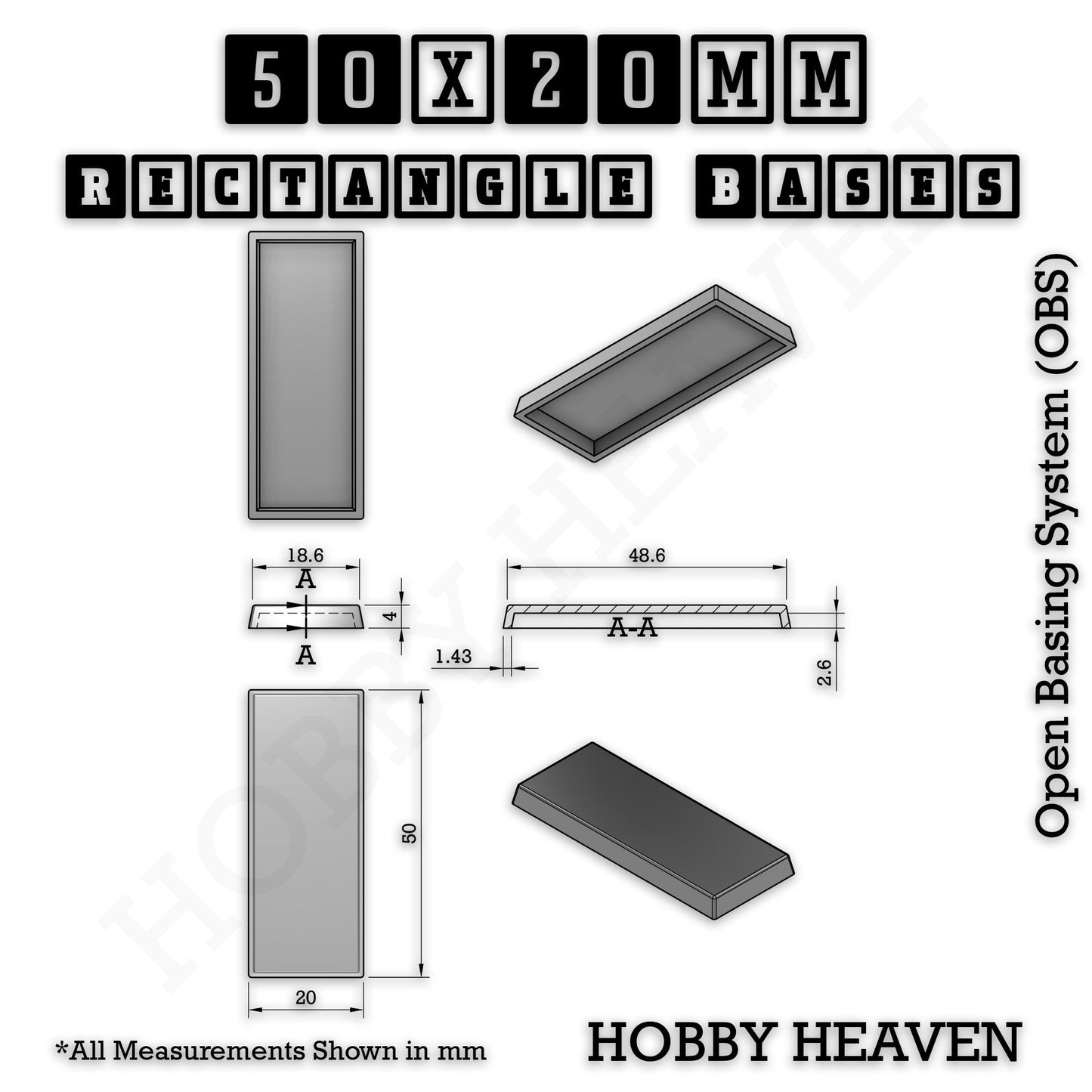 Rectangle Bases Range Sizes - 75x30mm to 125x40mm Medium Sizes 3d Print Full Range Tabletop Games