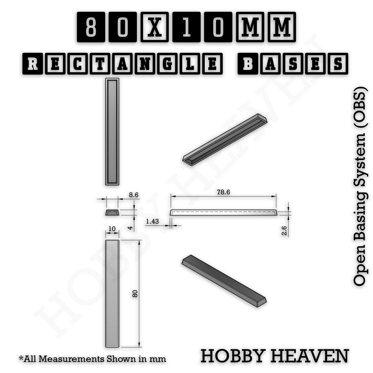 Rectangle Bases Range Sizes - 75x30mm to 125x40mm Medium Sizes 3d Print Full Range Tabletop Games