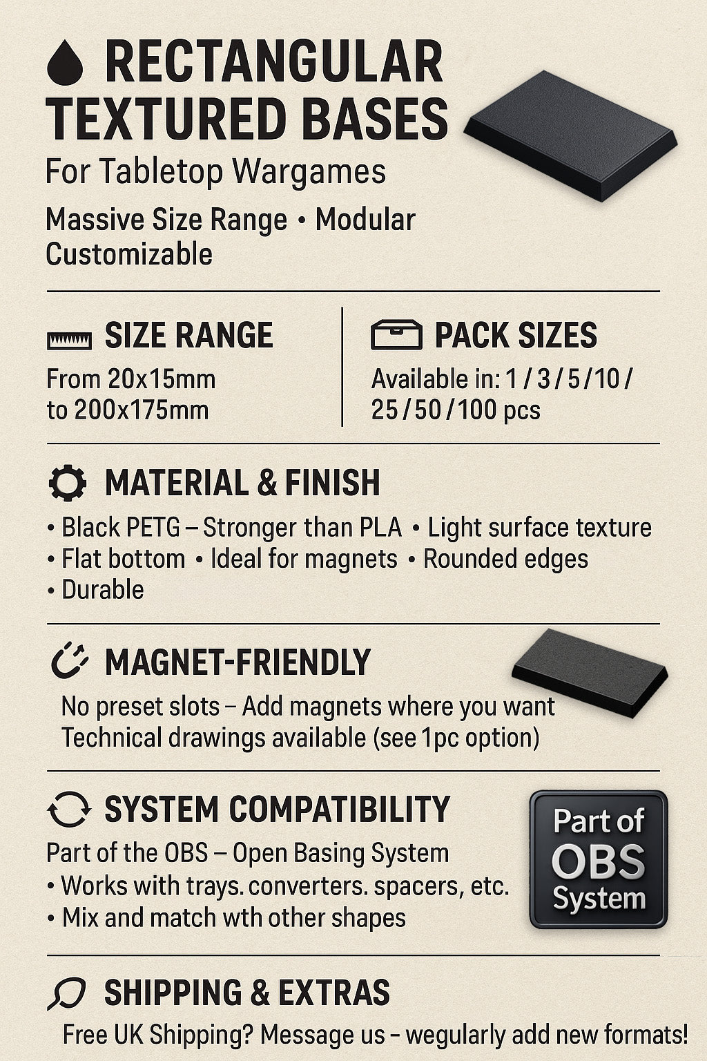 Rectangle Bases Range Sizes - 125x50mm to 200x175mm Large Sizes 3d Print Full Range Tabletop Games