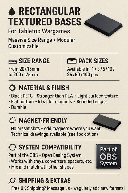 Rectangle Bases Range Sizes - 20x15mm to 75x25mm Small Sizes 3d Print Full Range Tabletop Games